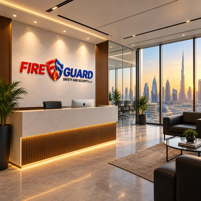 Fire Guard office reception with the company logo and a view of the Dubai skyline