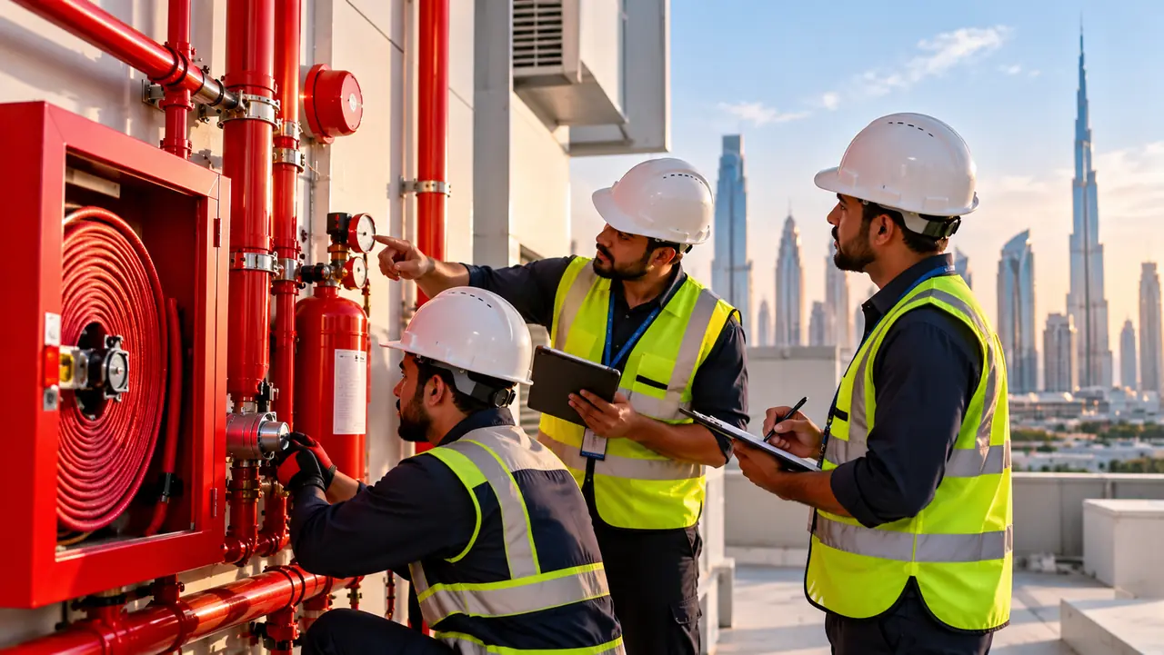Fire Guard technicians inspecting a fire hose reel and suppression system on a Dubai rooftop